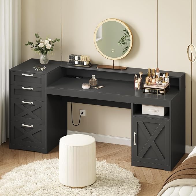 63" Black Computer Desk with 4 Drawers & Outlets for Home Office, Bedroom | Executive Desk with Printer Stand, Monitor Stand, Home Office Desks with Power Outlets, Storage Shelves, Black