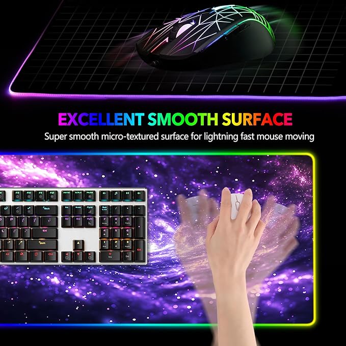 AIMSA RGB Mouse Pad LED Gaming Mouse Pad with 14 Lights Modes, Non-Slip Rubber Base Computer Carpet Desk Mat for PC Laptop (35.4 x 15.8 inch) Purple Blue Nebula