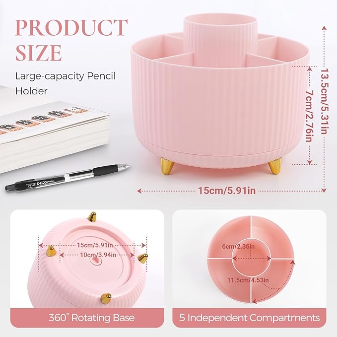 Pencil Pen Holder for Desk, 5 Slots 360 - Degree Rotating Desktop Organizer, Cute Desk Organizers and Accessories for School, Home, Office and Art Supply, Pink