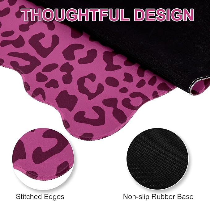 L-SPOUTTO Hot Pink Leopard Mouse Pad,Scalloped Desk Mat XXL Gaming Mousepad | Cheetah Large 35.4x15.7in Non-Slip Rubber Base Keyboard Pad Waterproof Desktop Mat for Laptop Computer Game Home Office
