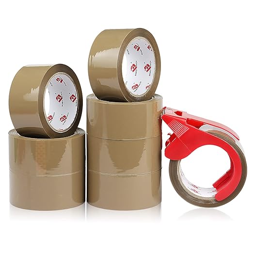 BOMEI PACK Heavy Duty Brown Packing Tape with Dispenser, 2.6 mil, 1.88 inch x 55 Yards 8 Pack, Ultra Strong, Refill for Industrial Shipping Box Packaging Tape for Moving, Office, & Storage
