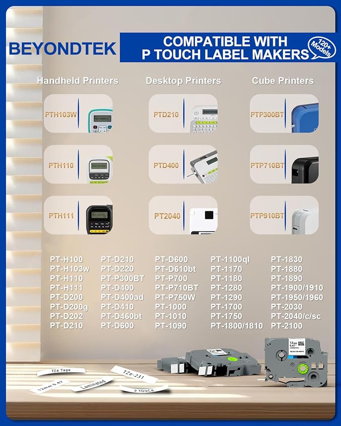 TZE-231 Compatible for Brother P Touch Tze Tz Black on White 12mm 0.47 Tape P Touch Label Maker Black on White Tape for Brother PT-D200 PT-D210 PTH100 PT-D400, 0.47" x 26.2'(12mm x 8m), 4 Packs