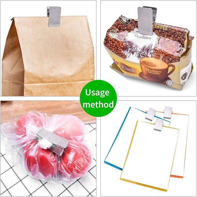 BURLIHOME Stainless Steel Chip Clips,2.48" Heavy Duty Clip,5 Pcs + 1 Pcs | Smooth Surface for Marker Labels, Upright Display, Office/Kitchen/School Organization, Strong Grip for Paper/Food Bag/Photos