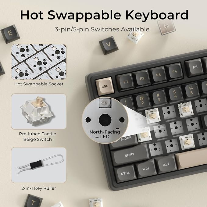 RK ROYAL KLUDGE R98 Pro Wired Mechanical Keyboard, RGB PC Gaming Keyboard with Number Pad and Volume Knob, Gasket Mount, MDA Profile PBT Keycaps, for Win/Mac, Hot Swappable Tactile Beige Switch