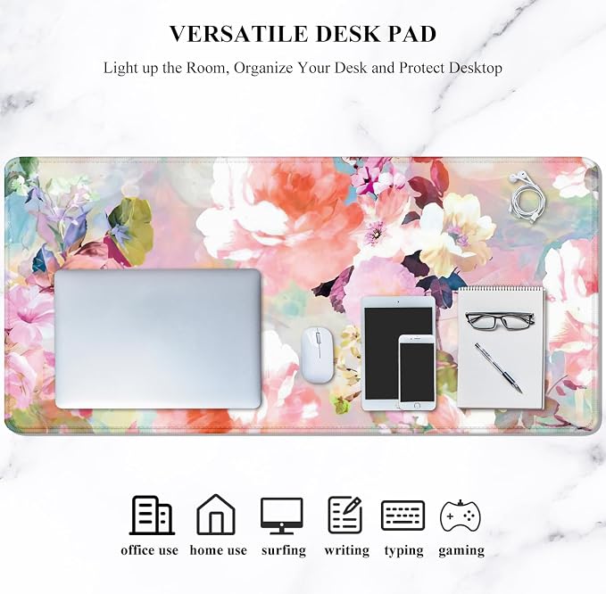 Auhoahsil Desk Pad, XXL Large Mouse Extended Gaming Mousepad, Cute Mat for Women, Big Office Accessories Pad Computer Keyboard and Laptop, 35.5 x 15.7 Inch, Pretty Pink Flowers, Girly Flowers