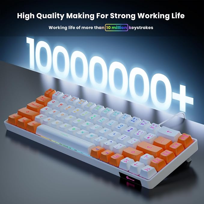 GEODMAER 65% Gaming Keyboard, LED Backlit Mini Wired Keyboard, Ultra-Compact Anti-Ghosting No-Conflict 68 Keys Membrane Gaming Wired Keyboard for PC Laptop Windows Gamer(White-Orange)