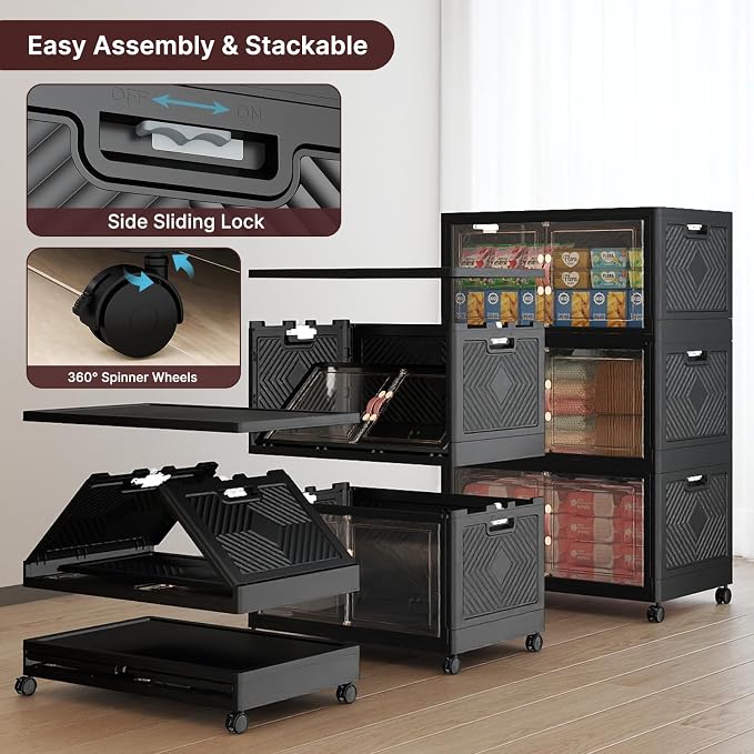Stackable Storage Bins with Lids,720QT Lockable Storage Cabinet | Folding Storage Box with Doors and Wheels, Collapsible Plastic Drawers for Home, Garage, Office