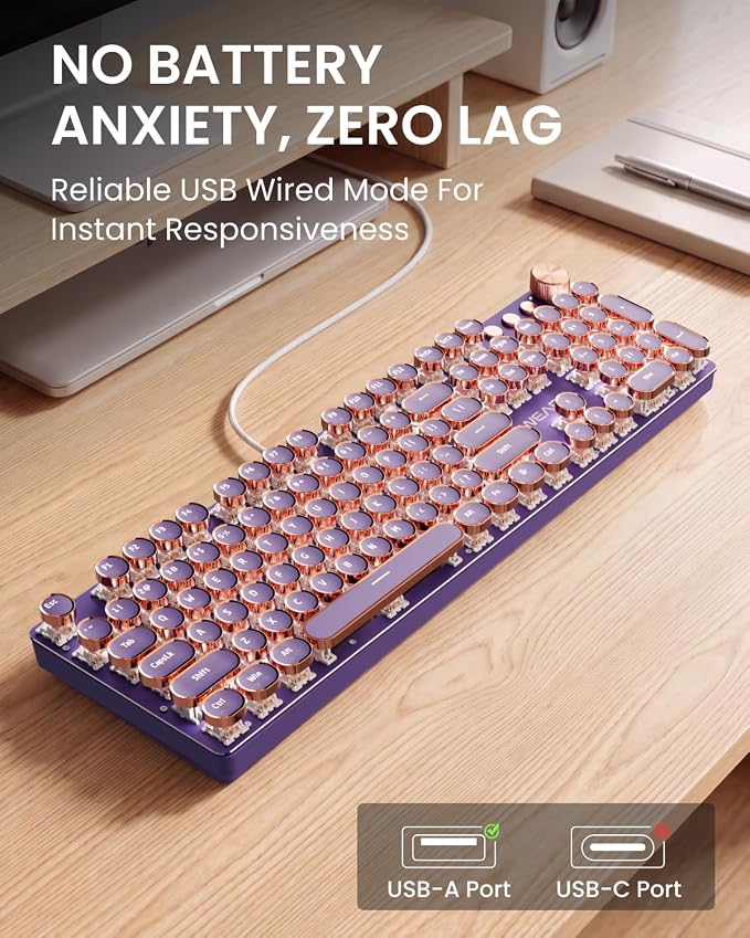 EWEADN Wired Typewriter Mechanical Keyboard, Low Noise Pink Switch Retro Punk Keyboard with Media Knob, White Backlit, Metal Panel, 104-Key Round Keycaps Cute Keyboard for Windows PC -Purple