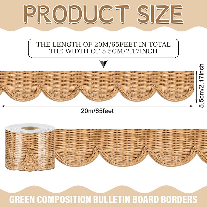Zonon 65.6 Feet Rattan Bulletin Board Borders Farmhouse Scalloped Border for Bulletin Board Trim Rolled Classroom Decorations for Back to School Classroom Chalkboard Home Office Wall Decor