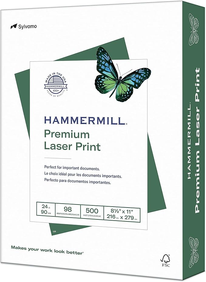 Hammermill Printer Paper, Premium Laser Print 24 lb, 8.5 x 11-1 Ream (500 Sheets) - 98 Bright, Made in the USA, 104604R