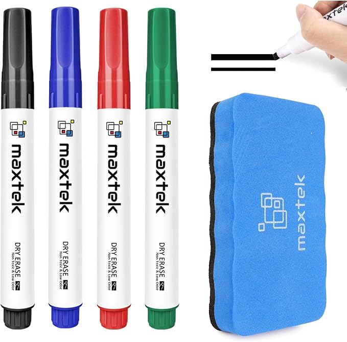 maxtek Low Odor Dry Erase Markers Chisel Tip, Whiteboard Markers Set 4 Count with 1 Magnetic Eraser