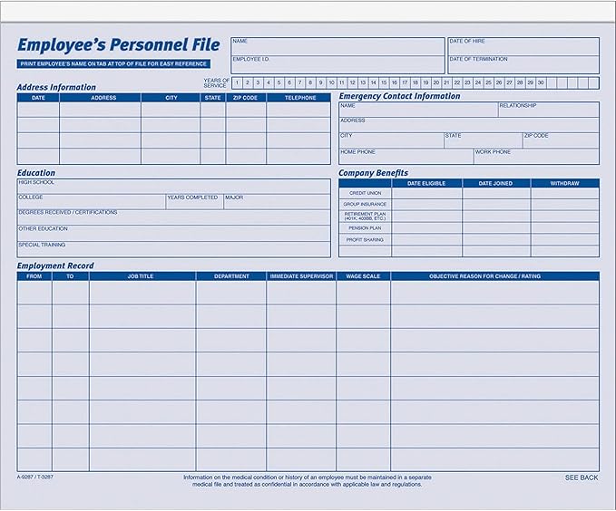 Adams Employees Personnel File Folder, Heavy Card Stock, 11-3/4 x 9-1/2 Inches, Pack of 20 Folders (9287ABF) ,Blue/White