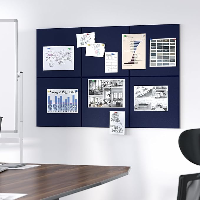 Large Cork Board for Wall, 36" x 24" Bulletin Board with Pushpins, 6 Panels Felt Tiles Tack Push Pin Board for Office, Dark Blue