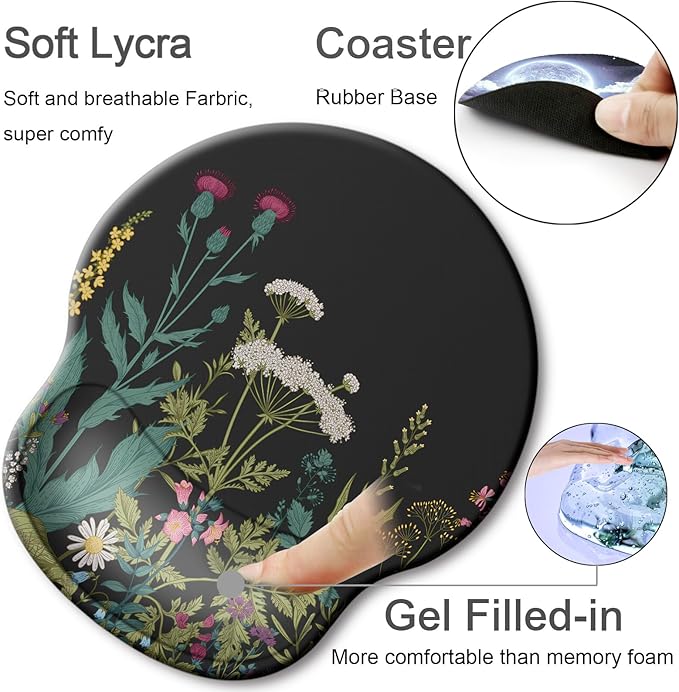 Ergonomic Mouse Pad with Wrist Support Rest,Large Mousepad Gel Wrist Rest, with Coaster Non-Slip & Pain Relief for Computer, Desk, Home&Office-Flowers2