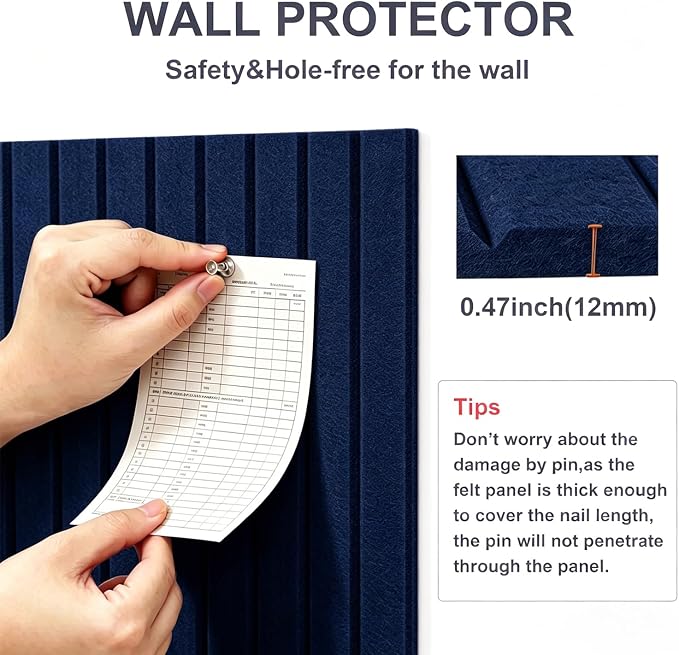 0.47" Thick Felt Pin Board 48"x36" Large Cork Board Alternative 12 Pack 11.81"x11.81"Felt Bulletin Board Wall Tiles Notice Board with 60 Pushpins for Home Office School(Fine-Dark Blue)