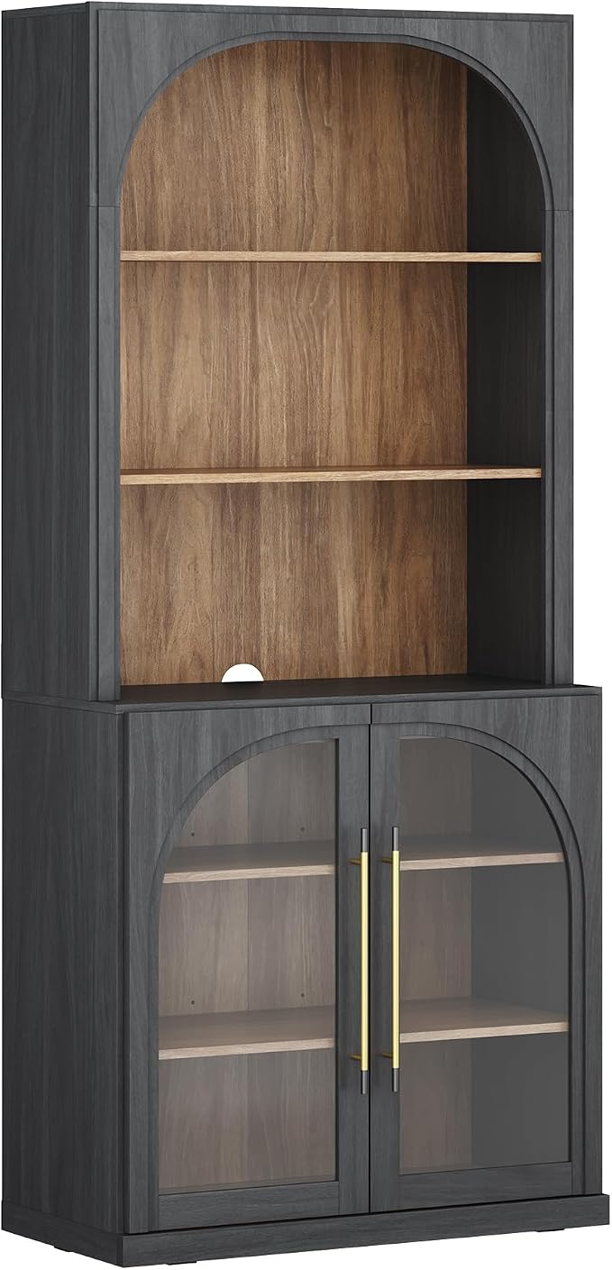 BELLEZE Glass Display Curio Cabinet, 72" Tall Modern Wood 6-Tier Shelf Storage with Sturdy Aluminum Handle, Bookshelf Bookcase for Office, Living Room, Ebony