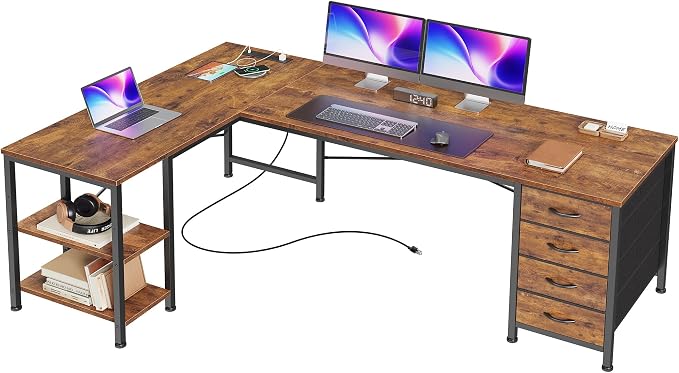Huuger 55 Inch L Shaped Desk with Fabric Drawers, Reversible Computer Gaming Desk with Power Outlets and USB-C Port, Adjustable Side Storage Shelves, for Work Corner Home Office, Rustic Brown