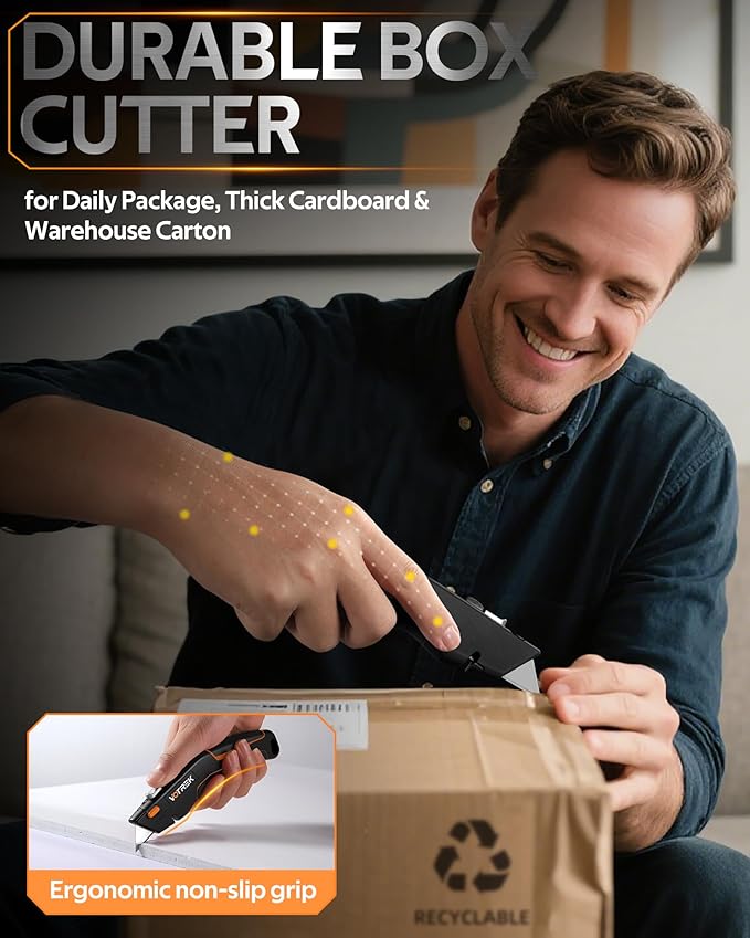 VOTREK® Box Cutter Utility Knife, [2-in-1] Retractable Box Cutter, Box Opener, Package Opener, Safety Heavy Duty Sharp Razor Knife for Home & Warehouse Cardboard, Blade Storage, with Extra Blades