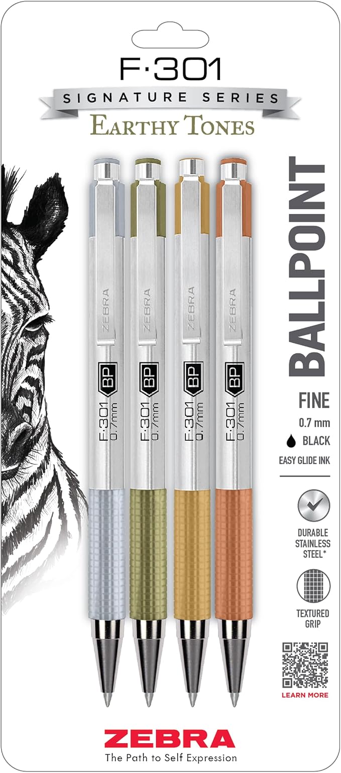 Zebra Pen F-301 Signature Series Ballpoint Pen, Black, 0.7mm, 4-Pk (27304) | Stainless Steel Barrel, Easy-Glide Ink, Earth-Tone Accents, Fine Point, Ideal for Planners, Office Supplies, and Note-Taking