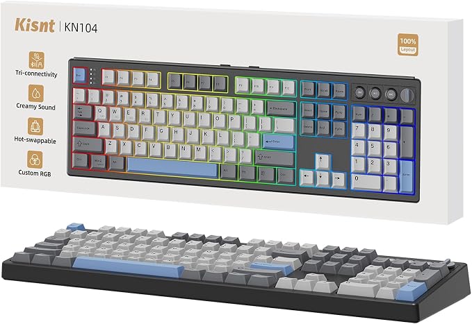 Kisnt KN104 Wireless Mechanical Keyboard for Office& Gaming | 100% Full Size with numpad, Bluetooth/2.4GHz/USB-C, Custom RGB, Hot-Swappable, Knob Control, Creamy Sound with Linear Switch