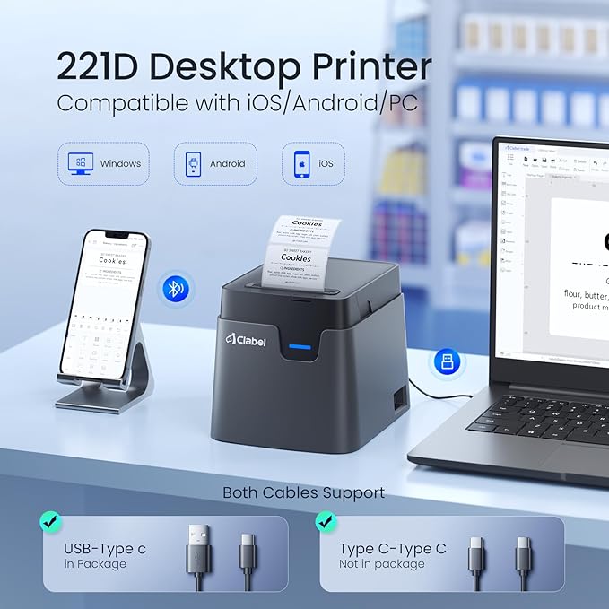 CLABEL Label Maker, Thermal Barcode Printer with No Bound Consumables, Bluetooth & USB Connection, Supports Various Sized 0.98"-1.96", Label Printer for Small Business