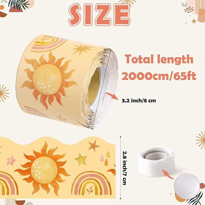 BeYumi Boho Sun Border Trim - 65ft Back to School Boho Sun Scalloped Rolled Border Trim Pastel Watercolor Bulletin Board Set Classroom Office Chalkboard Kindergarten Elementary Home Party Decoration