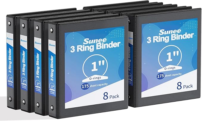 SUNEE 1 Inch Binders 3 Ring 8 Pack Bulk, PVC-Free Clear View 1" Binders (Fits 8.5x11 Inches) for School, Office & Home Use, Black