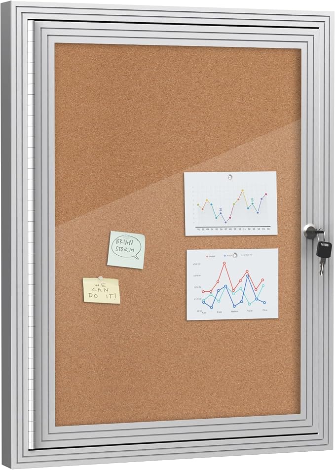 Mifuro 26"x20" Enclosed Bulletin Board, Outdoor Lockable Weather-Resistant Aluminum Cork Noticeboard for School & Office, Silver Frame w/Cork