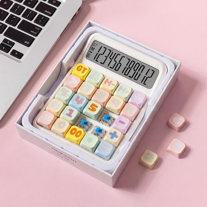 Desk Calculator, 12 Digit Large LCD Display, Big Buttons, Ergonomic 15° Tilt, Real Mechanical Keypad, Gift Box Desktop Calculator for Office and Study (Candy Rainbow)