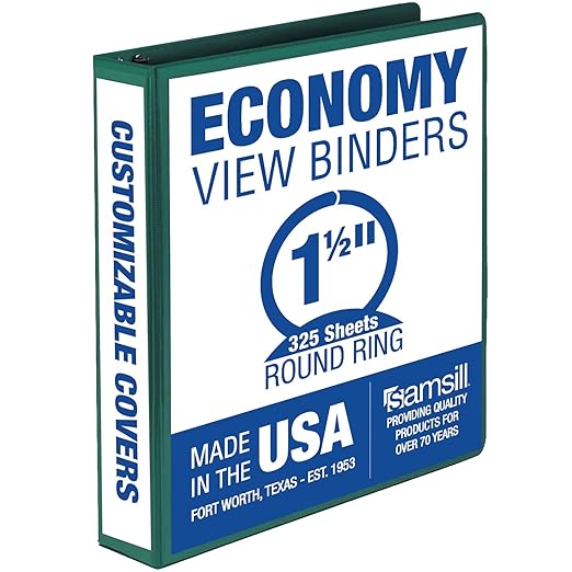 Samsill 1.5 Inch 3 Ring Binder, Economy Round Ring, Clear View Cover, 325 Sheet Capacity - for School, Home, Office - Forsest Green