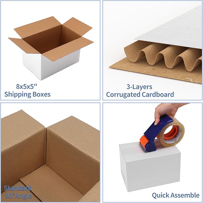 Hoikwo 8x5x5 Shipping Boxes Set of 25, White Corrugated Cardboard Box for Small Business for Packaging Mailing