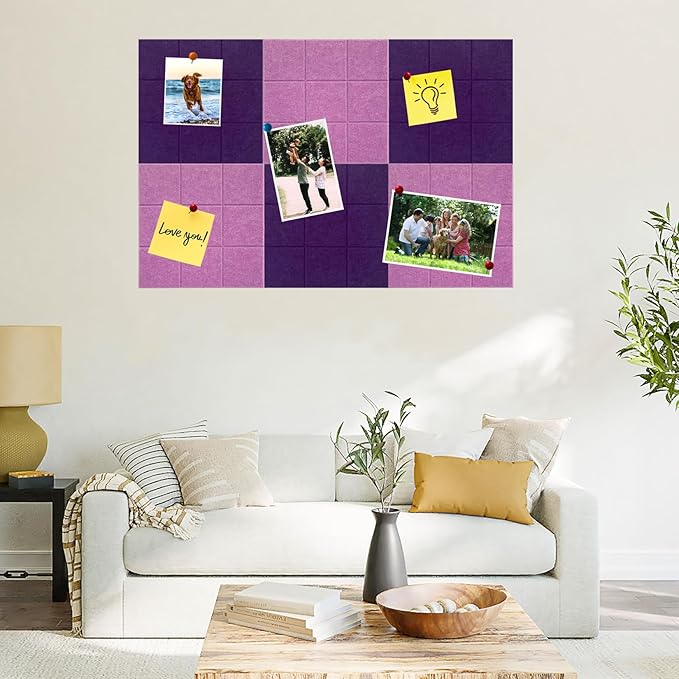 Large Square Felt Cork Board Tiles, Self Adhesive DIY Felt Bulletin Board with 35 Pushpins for Office School Home Wall Decor Stickers Memos (Purple & Light Purple)