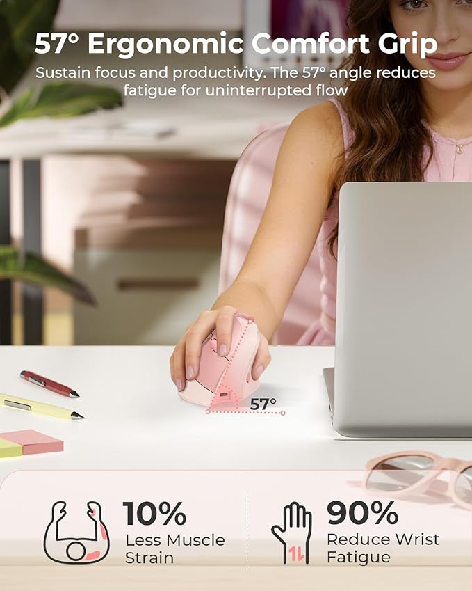 seenda Ergonomic Mouse Wireless, MOU-302 Bluetooth Vertical Mouse Rechargeable, Optical Mice with 1000/1600/2400 DPI, Volume Knob, 3 Multi-Device Connectivity for Computer/PC/Laptop/Mac, Pink