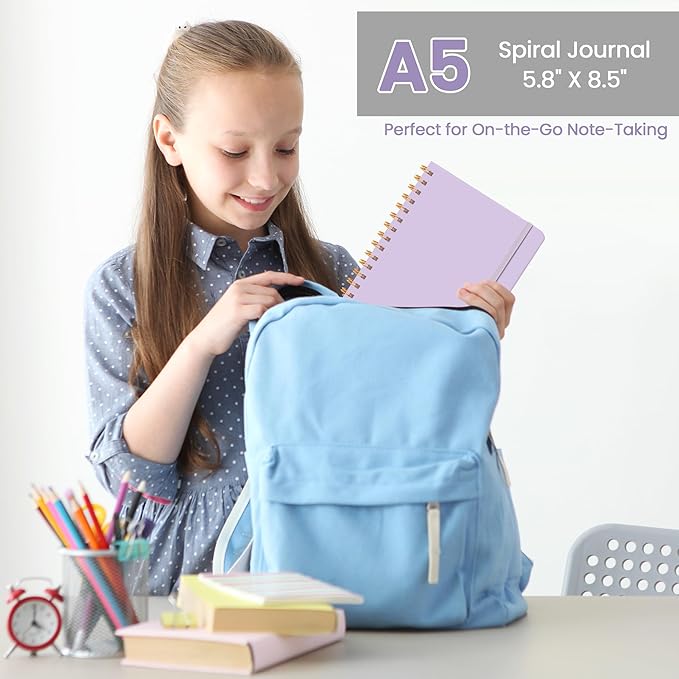 Lined Spiral Journal Notebook, A5 College Ruled Notebook for Journaling, Note-Taking, and Daily Planning, Durable Hardcover with an Elegant Design, Light Purple