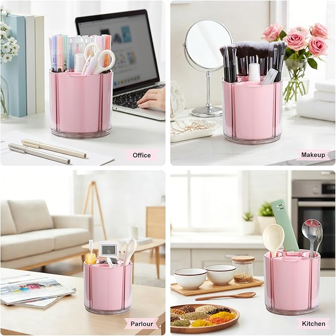 Comix 360° Rotating Pen Holder for Desk, Pencil Holder with 5 Slots, Cute Pink Plastic Desk Organizer for Home School Office Supplies