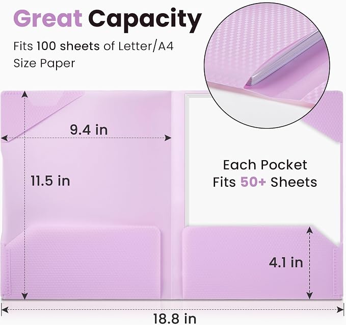 Sooez 1 Pack Plastic Folder, 2-Pocket Folder with Writable Category Label | With Non-Slip Tabs, Fits A4/Letter Size Paper, Heavy-Duty Folders with Pockets for School, Office, Home (Purple)