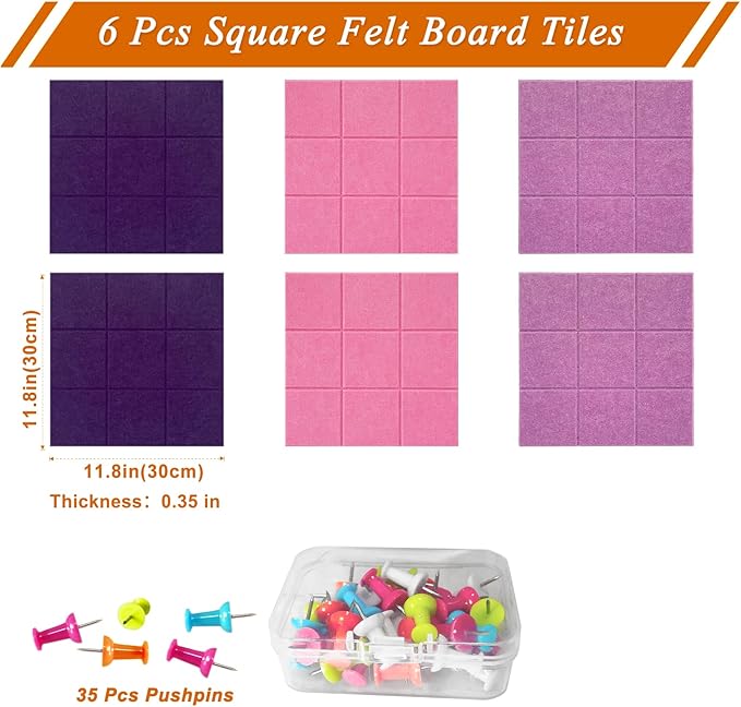 Large Square Felt Cork Board Tiles, Self Adhesive DIY Felt Bulletin Board with 35 Pushpins for Office School Home Wall Decor Stickers Memos Photos Display (Purple & Pink)