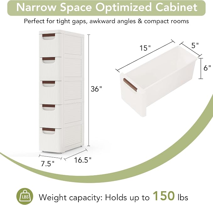 5 Drawers Narrow Bathroom Storage Cabinet, Slim Storage Cabinet, Plastic Slim Storage Cart Drawers for Small Spaces, Laundry, Office, Home, White