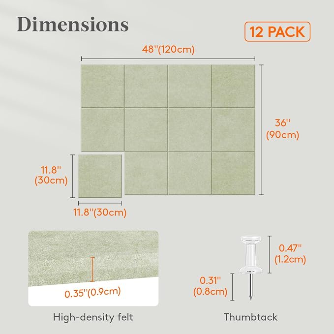 Lifewit 48"x 36" Felt Bulletin Board with Self-Adhesive, 12 Pack Cork Board Alternative for Walls, Large Pin Board Vision Board Message Board with 50 Pushpins for Office Decor, Room Decor, Sage