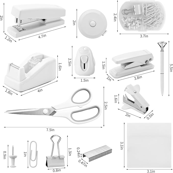 White Desk Accessory Kit Cute Office Supplies Set Desktop Stapler Set Includes Staple Remover Hole Punch Tape Dispenser Ballpoint Pen Scissor Mini Box Cutter Tape Measure Paper Clips Sticky Notes