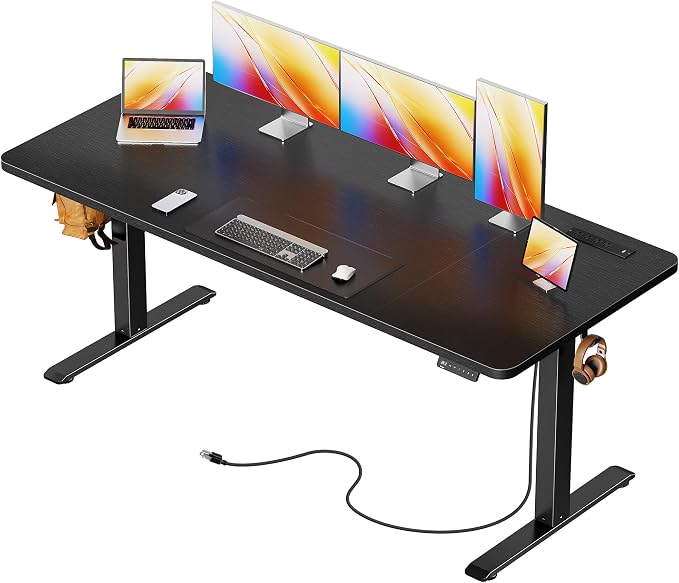 Huuger 63 X 24 Inch Electric Standing Desk with Power Outlets and USB-C Port, Height Adjustable Desk, Sit Stand Desk for Home Office, Computer & Gaming Desk with 4 Presets, Stable Steel Frame, Black