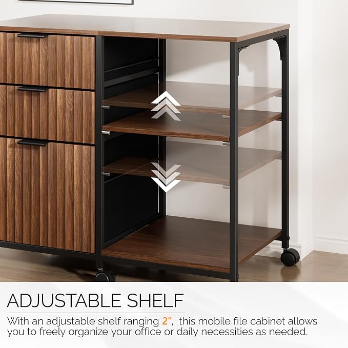 VINGLI 3 Drawer Mobile File Cabinet Printer Stand, Fluted Filing Cabinet with Open Storage Shelves Adjustable, Rolling Lateral Fabric Filing Cabinet for Home Office, Fits Letter Size, Walnut