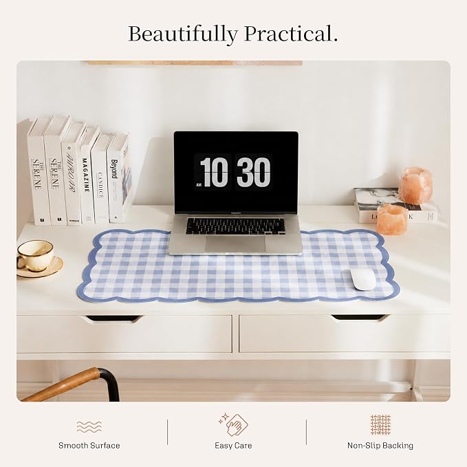 Ohocut Scalloped Gingham Checkered Desk Pad，Blue：31.5" x 15.7" | Large, Premium Faux Leather, Anti-slip Bottom, Water Repellent, Easy to Clean, Aesthetic Trendy Design