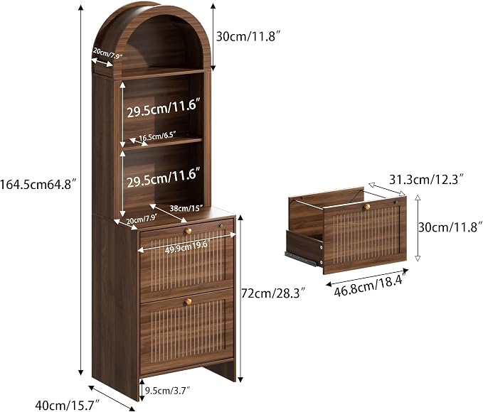 64.8"H Arched 2 Drawer File Cabinet, Farmhouse Vertical Cabinet with Lock | Vertical Filing Cabinet Fits Letter,Legal,A4 Hanging Folders,with Printer Stand Storage Bookshelf for Home Office,Living Room