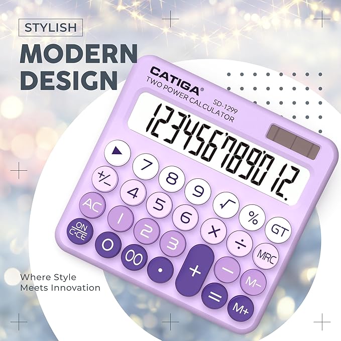 CATIGA Mechanical Switch Calculator with Solar and Battery Dual Power, 12-Digit Large LCD Display, Aesthetic and Cute Desktop Calculator with Big Button, for Home, School and Office Use, SD-1299