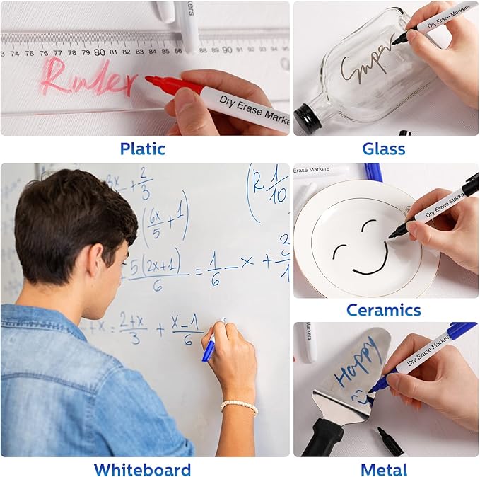 Thenshop 200 Pack Dry Erase Markers Bulk with 4 Magnetic Erasers Fine Tip Dry Erase Markers Whiteboard Pens Bulk for Office Supplies(Colorful)