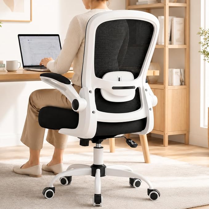 Mimoglad Ergonomic Office Chair - Desk Chair with Flip-up Armrests & 135° Recline, Adjustable Lumbar Support - Space-Saving Task Chair for Business/Team Office & Home (White Frame-Black, 300lbs) | Supports 300 lbs · Seat 19.48"–23.4" · Breathable mesh ...