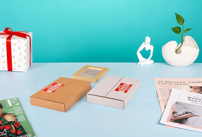 9x6x1.3 inch Cardboard Box for Shipping DVD, CD, Book, 50 Pack | Flat Small Box for Mailing, Storing, packaging, Business or Home, with Fragile Stickers, Multi-Depth, Easy-Fold, Brown