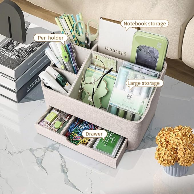 PU Leather Desk Organizer with Drawer, 5 Compartments Desktop Storage Caddy for Office & Home Supplies, Pen Holder for Remote Control, Phone & Accessories, Mail Organizer Countertop(Beige)