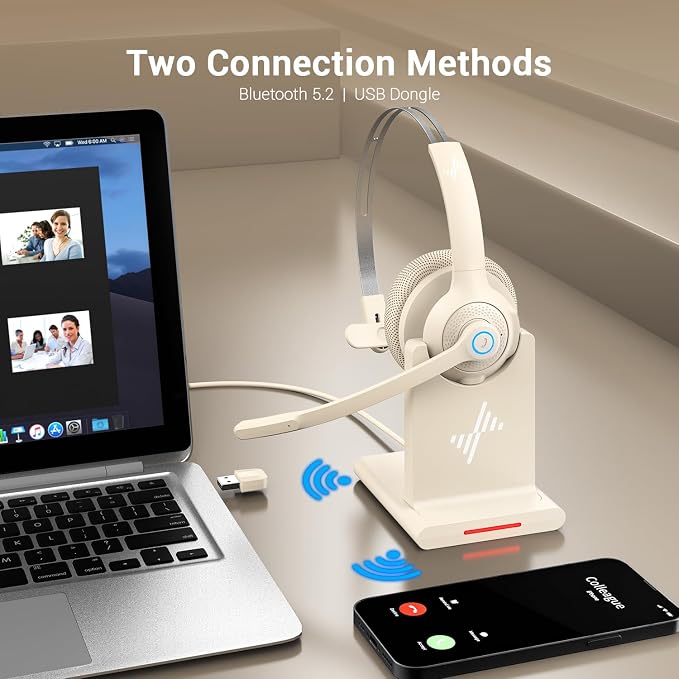 Bluetooth Wireless Headset with Mic for Work, Bluetooth 5.2, Advanced Noise Reduction Microphone, Clear Calls - Comfortable On-Ear Headphones, Applicable to PC, Laptop, Phone, Android, Zoom, Office